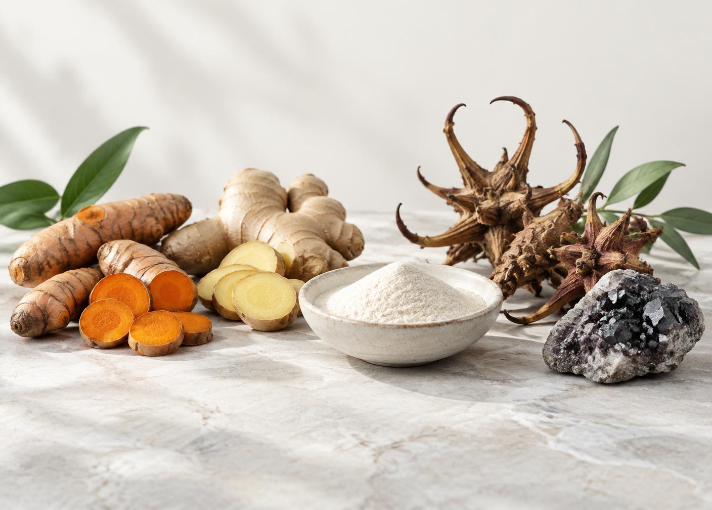 Kurkuma, Ingwer, Teufelskralle, Kollagenpulver und ein Mineral